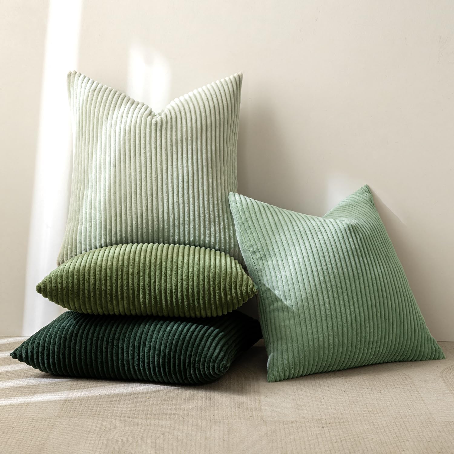 MIULEE Boho Farmhouse Sage Green Throw Pillow Covers 18x18 Inch Set of 4 Mordern Nordic Cushion Covers Soft Corduroy Spring Home Decor for Couch Bed Sofa Living Room Forest Green