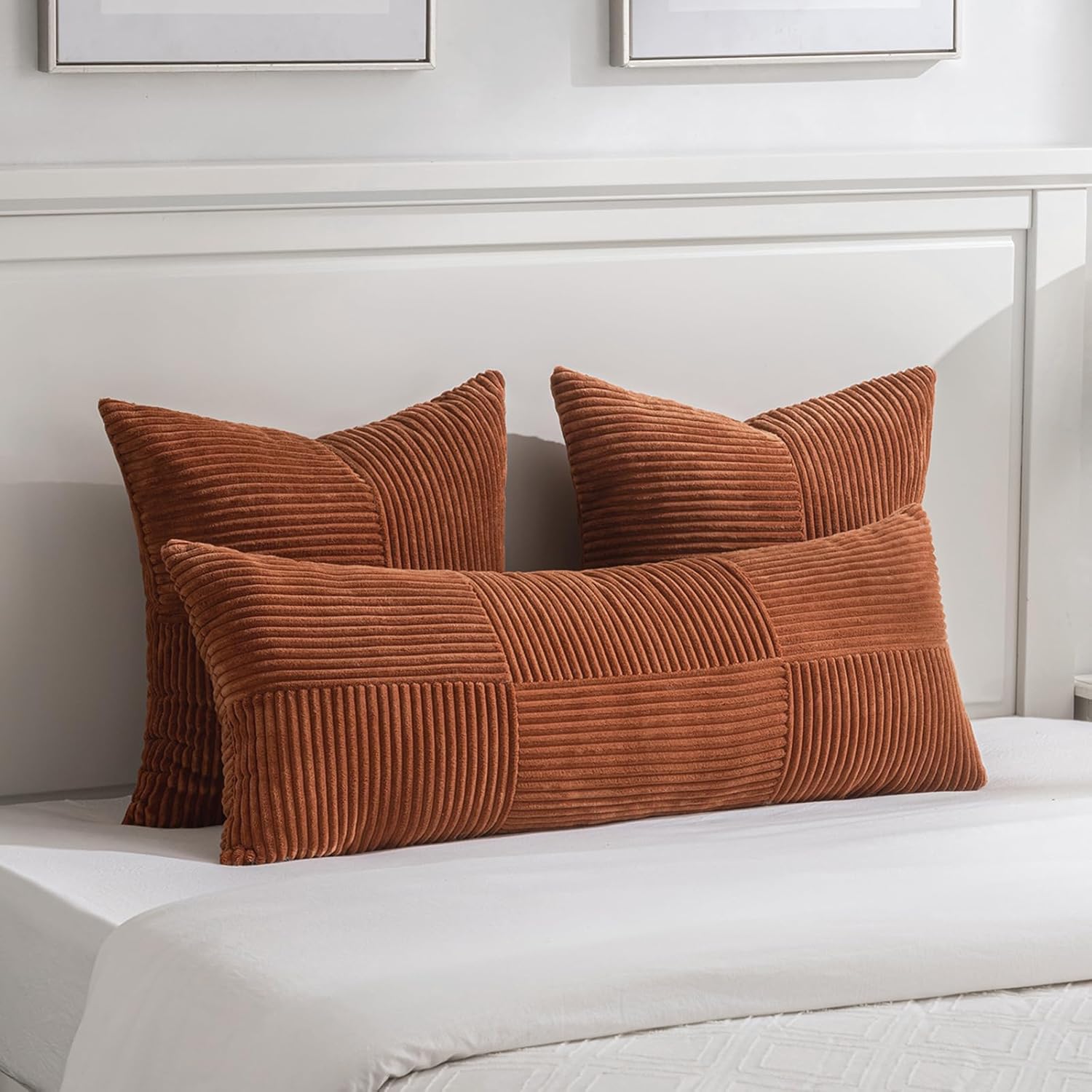 Fancy Homi 2 Packs Rust Boho Decorative Throw Pillow Covers 18x18 Inch for Couch Bed Sofa, Farmhouse Fall Home Decor, Soft Corss Corduroy Patchwork Textured Terracotta Accent Cushion Case 45x45 cm