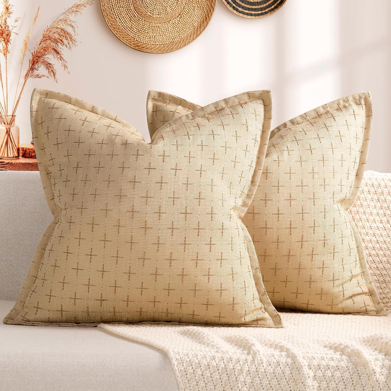 ZWJD Pillow Covers 18x18 Set of 2 Soft Polyester Textured Pillow Covers with Stylish Flange Edge Cozy Farmhouse Throw Pillows for Couch Bed Sofa Living Room