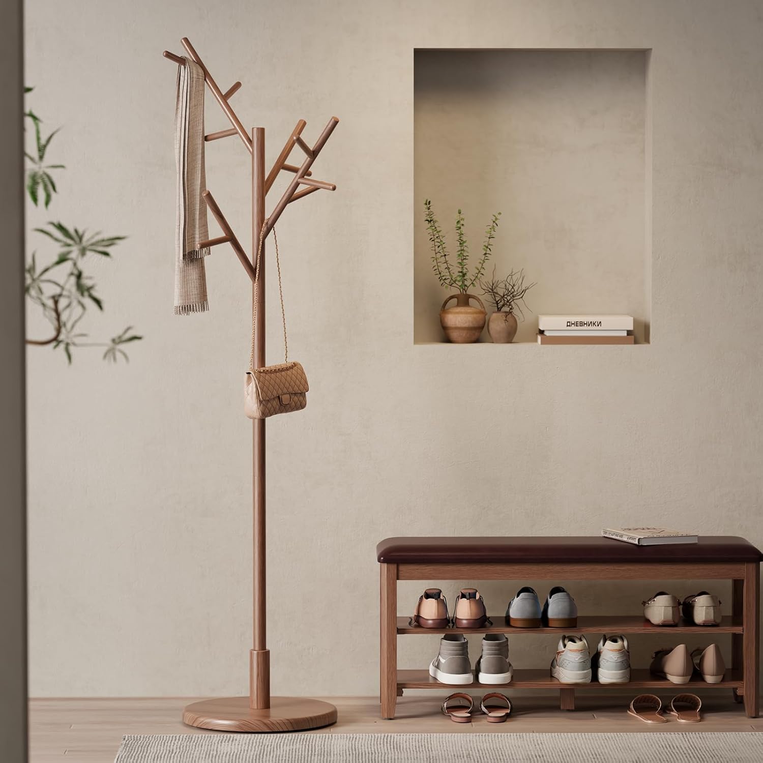 Coat Rack,Solid Wood Coat Rack Freestanding with 12 Hooks,Coat tree freestanding 3 Adjustable Heights for coat, Hats, Handbags，Coat Stand for Entryway,Bedroom (Walnut)