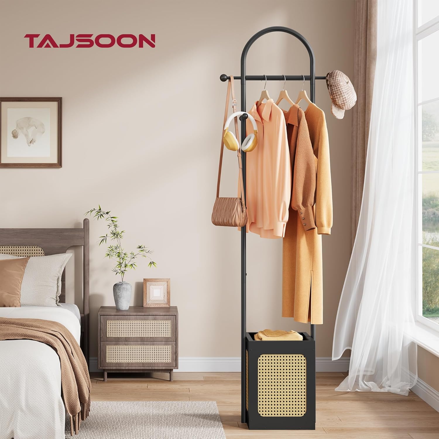 Coat Rack Stand with Wooden Base, Coat Tree Rattan Design, Coat Hanger Stand with 6 Hooks, Small Clothes Rack for Living Room, Bedroom, Office, Black